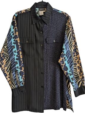 Koos Of Course! Button Down Women's Blouse Multi Pattern Black Medium Long Artsy
